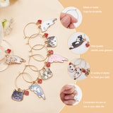12 Pcs 12 Style Cat Theme Alloy Enamel Wine Glass Charms, Goblet Marker, with Brass Wine Glass Charm Rings, Golden, 47~60mm, 1pc/style
