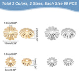 240Pcs 4 Style 304 Stainless Steel Bead Caps, Multi-Petal, Real Gold Plated & Stainless Steel Color, 6~10x1~2.5mm, Hole: 1.2mm, 60pcs/style