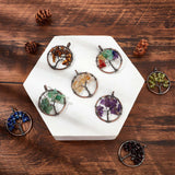 8Pcs 8 Colors Gemstone Pendants, with Red Copper Brass Findings, Red Copper, Flat Round with Tree of Life, 29x5~7mm, Hole: 4.5mm, 1pc/color