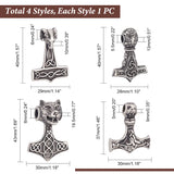 4Pcs 4 Style 304 Stainless Steel Pendants, Thor's Hammer with Sheep/Tiger, Antique Silver, 37~43x28~30x9~19.5mm, Hole: 5~6mm, 1pc/style