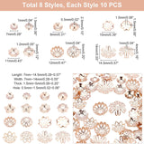 80Pcs 8 Style 304 Stainless Steel Bead Caps, Half Round & Flower, Rose Gold, 8x2.5mm, hole: 0.5mm