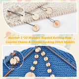 Number 1~10 Wooden Beaded Knitting Row Counter Chains & Charms Locking Stitch Makers, with Self Adhesive Paper Labels, Mixed Color, 12~14x1~2.5mm