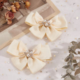 Polyester Bowknot Shoe Decorations, 201 Stainless Steel Shoe Buckle Clip, with ABS Imitation Pearl, Beige, 75~80x102.5~103x22.5~25mm, 2pcs/box
