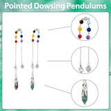 1 Set 7 Chakra Hexagon Prism Gemstone Pointed Dowsing Pendulums, Faceted Bullet Gems Charms, with 304 Stainless Steel Cable Chains, Stainless Steel Color, 270~275mm, pendant: 53~58x9x8mm, Hole: 3mm, 1pc/style, 6pcs/set