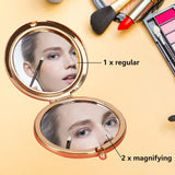 1Pc Stainless Steel Customization Mirror, Flat Round with Flower & Word, with 1Pc Rectangle Velvet Pouch, Golden, Mirror: 7x6.5cm