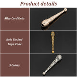 12Pcs 3 Colors Alloy Cord Ends, Bolo Tie End Caps, Cone, Mixed Color, 52x10.5mm, Inner Diameter: 5.5mm, 4pcs/color