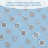 100Pcs 10 Style Chakra Zinc Tibetan Style Alloy Pendants, Antique Silver, Ohm/Aum, Mixed Shapes, 13.5~22.5x13~21x1~1.8mm, Hole: 1.6~1.8mm, 10pcs/style