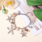 Trendy Charm Bracelets, with Conch, CCB Plastic Rhinestone Starfish and Glass Pearl Pendants and Iron & Brass Findings, with Cardboard Jewelry Set Boxes, Platinum, 7-3/8 inch(187mm), 1pc/box