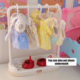 Plastic Doll Clothes Drying Laundry Rack Set, including Clothes Hangers and Base, Frame, for Doll Clothing Outfits Hanging, White, 170x25x197mm, Hanger: 59x111x3mm, 10pcs/set