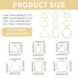 36Pcs 9 Style Alloy Pendants, Triangle & Pentagon & Rectangle Ring, Light Gold, 18~34x14~34.5x1.5~2mm, Hole:1.2~1.4mm, 36pcs/box