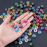 Handmade Glass European Beads, Large Hole Beads, Silver Color Brass Core, Faceted, Rondelle, Mixed Color, 14x8mm, Hole: 5mm, about 8pcs/compartment, about 144pcs/box