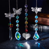 4Pcs 4 Style Hanging Suncatcher, Iron & Faceted Glass Pendant Decorations, with Jump Ring, Butterfly/Bee/Heart, Mixed Color, 330~380x1~2mm, 1pc/style