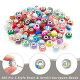 100Pcs 5 Styles Resin & Acrylic European Beads, Large Hole Beads, with Silver Color Plated Brass Cores, Faceted, Rondelle, Mixed Color, 13~14x8~9.5mm, Hole: 4.8~5mm, 20pcs/style