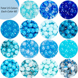 900Pcs 15 Style Glass Round Beads, Baking Painted & Crackle & Imitation Jade & Drawbench, Blue, 6~6.5mm, Hole: 1.3~1.6mm, 60Pcs/style