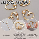 4Pcs Heart Brass Micro Pave Clear Clear Cubic Zirconia Screw Carabiner Lock Charms, for Necklaces Making, Long-Lasting Plated, Real 18K Gold Plated, 17x15x5mm, Screw: 5x5mm