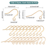 100Pcs 2 Style Brass Earring Hooks, with Horizontal Loop, Long-Lasting Plated, Real 18K Gold Plated, 50pcs/style
