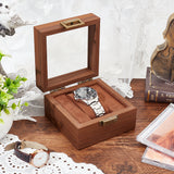 Square Wood Watch Storage Boxes, Watch Gift Case with Clear Glass Window, for Gift Wrapping, Coconut Brown, 12x12x7.45cm