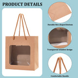 Portable Kraft Paper Gift Bags, with PVC Window and Polyester Handles, for Bouquet, Rectangle, BurlyWood, 14.9x14x0.4cm, Unfold: 14.9x14x7.1cm