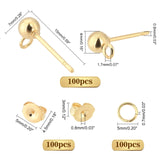 100Pcs 304 Stainless Steel Stud Earring Findings, Ball Stud Earring Post with Loop, with 100Pcs Open Jump Rings & 100Pcs Ear Nuts, Real 24K Gold Plated, 15x7x4mm, Hole: 1.7mm