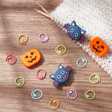 12Pcs 6 Colors Baking Painted Zinc Alloy Knitting Stitch Marker Rings, Crochet Clips, with 4Pcs 2 Style Halloween Theme Bat & Pumpkin Jack-O'-Lantern Shape Silicone Beads, Mixed Color, 1.45~2.5x1.45~3.45x0.1~0.8cm