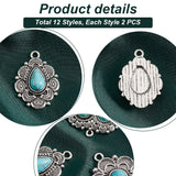 24Pcs 12 Styles Synthetic Turquoise Pendants, Geometric Charms, with Rack Plating Antique Silver Tone Alloy Findings, Teardrop & Flower & Heart, Mixed Shapes, Antique Silver, 34~35x25~32.5x5mm, Hole: 1.6~3mm, 2pcs/style