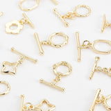 16 Sets 8 Style Brass Toggle Clasps, Ring & Flower & Star & Oval & Bottle & Crown & Heart, Real 16K Gold Plated, 2 sets/style