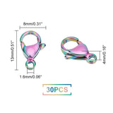 30Pcs 304 Stainless Steel Lobster Claw Clasps, Rainbow Color, 13x8x4mm, Hole: 1.6mm