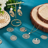 36Pcs 6 Style Brass Pendants, Etched Metal Embellishments, Flat Round with Tree of Life & Flower, Light Gold, 30~32x27~30x0.3~0.4mm, Hole: 1.8mm, 6pcs/style