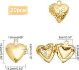Brass Locket Pendants, Photo Frame Charms for Necklaces, Heart, Golden, 15.2x13.2x4.6mm, Hole: 1.6mm, 20pcs