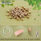 60Pcs 2 Style Brass Beads, with Silicone inside, Slider Beads, Stopper Beads, Long-Lasting Plated, Rondelle, Golden, 3~5x2.5~3mm, Hole: 0.6mm, 30pcs/style