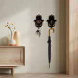 Wooden & Zinc Alloy Hook Hangers, Wall Mounted Key Hooks, Hamsa Hand with Evil Eye, Black, 140x110x7mm, 1pc/style, 2 style, 2pcs/set