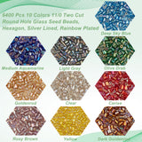 16400Pcs 10 Colors 11/0 Two Cut Round Hole Glass Seed Beads, Hexagon, Silver Lined, Rainbow Plated, Mixed Color, 2x2mm, Hole: 0.5mm, about 1640Pcs/color