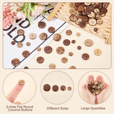 200Pcs 4 Style 2-Hole Flat Round Coconut Buttons, Coconut Brown, 10~20x2~3.5mm, Hole: 1~2mm, 50pcs/style
