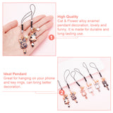 Cat & Flower Alloy Enamel Pendant Decoration, with Nylon Cord Loops and Iron Bell Charms, Mixed Color, 125mm, 6 colors, 1pc/color, 6pcs/set