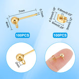 304 Stainless Steel Stud Earring Findings, with Loop and Ear Nut/Earring Backs, Golden, 7x4mm, Hole: 2mm, Pin: 0.7mm, 100pcs/box