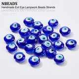 Handmade Evil Eye Lampwork Beads Strands, Flat Round, Blue, 15~16x8~9mm, Hole: 2mm, about 24pcs/strand, 13.70''(34.8cm)