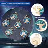 6Pcs Rack Plating Brass Micro Pave Cubic Zirconia Pendants, Cadmium Free & Lead Free & Nickle Free, with Enamel and Jump Ring, Real 18K Gold Plated, Flat Round with Deer, Blue, 25.5x21x3mm, Jump Ring: 5x0.6mm, Inner Diameter: 3.5mm