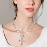 2Pcs 2 Colors Rhinestone Cross Fleury Pendant Necklace with Plastic Beaded Chains, Alloy Necklaces, Platinum & Golden, 15.75 inch(40cm), 1Pc/color