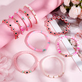 10Pcs 2 Style Polymer Clay Heishi Beaded Stretch Bracelets Set, Preppy Bracelets with Resin Evil Eye for Women, Pink, Inner Diameter: 2-1/4 inch(5.8cm), 2Pcs/style