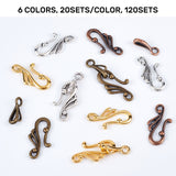 Tibetan Style Alloy Hook and Eye Clasps, Mixed Color, Toggle: 25x12mm, Bar: 16mm, Hole: 3mm, 6 colors, 20sets/color, 120sets/box