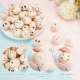 40Pcs 5 Styles Printed Wood European Beads, Large Hole Round Bead with Smiling Face Pattern, Undyed, Mixed Color, 24.5~25x22.5~23.5mm, Hole: 4.7mm, 8pcs/style