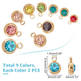 24Pcs 12 Colors Vacuum Plating 303 Stainless Steel Rhinestone Charms, Birthstone Charms, Flat Round, Real 18K Gold Plated, Mixed Color, 8.5x6x3mm, Hole: 1.5mm, 2pcs/color