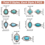 10Pcs 5 Styles Synthetic Turquoise Pendants, with Antique Silver Tone Alloy Findings, Cross & Horse Eye & Teardrop & Flower & Arrow, 30~43x24~29x3.3~9mm, Hole: 1.8~2mm, 2pcs/style