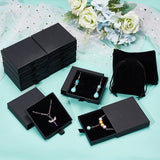 12Pcs Rectangle Velvet Jewelry Drawstring Pouches, with 12Pcs Paper Drawer Boxes, Black, Bag: 10x8x0.4cm