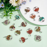 8Pcs 8 Styles Natural & Synthetic Mixed Stone Chip Pendants, with Platinum Tone Alloy Findings, Flat Round with Life of Tree Charm, 29x25x4~6mm, Hole: 4x7mm, 1pc/style, 8pcs/set, 4 sets/box