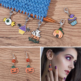 Alloy Enamel Halloween Theme Pendant Locking Stitch Markers, Zinc Alloy Lobster Claw Clasps Stitch Marker, Pumpkin Jack-O'-Lantern/Cake/Candy, Mixed Color, 3.4~4.7cm, 6 style, 2pcs/style, 12pcs/set