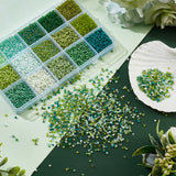 12000Pcs 15 Style 12/0 Opaque Glass Seed Beads, Round, Small Craft Beads for DIY Jewelry Making, Green, 2~3x1.5~2mm, Hole: 1mm, about 800Pcs/style