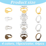 64Pcs 4 Colors Adjustable Brass Pad Ring Base Findings, Lead Free & Cadmium Free & Nickel Free, Mixed Color, US Size 9(18.9mm), Tray: 10mm, 16Pcs/color