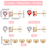 16Pair 4 Color Brass Stud Earring Findings, with 316 Surgical Stainless Steel Pin, Cubic Zirconia and Loop, with 40Pcs 304 Stainless Steel Ear Nuts, Mixed Color, 15.5x8x5.5mm, Hole: 1mm, Pin: 0.7mm, 4Pair/color