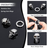 2 Sets Tibetan Style 304 Stainless Steel Spring Gate Rings, O Rings, with Two Cord End Caps, Skull, Antique Silver, 55x15x14mm